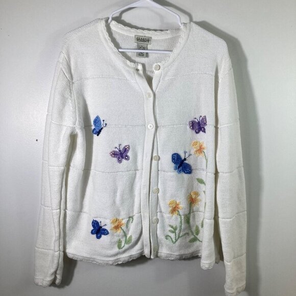 Womens Vintage Sears Classic Elements White Cardigan Embroidered Butterflies L - Picture 1 of 9